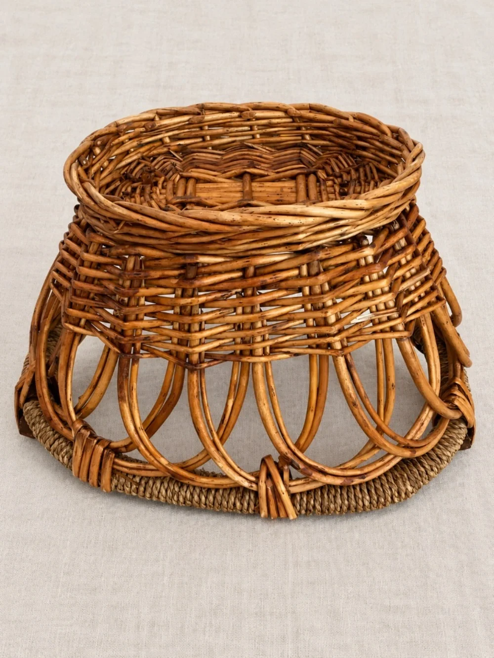 Vintage Woven Wicker Basket Wood Handles Open Weave Pedestal